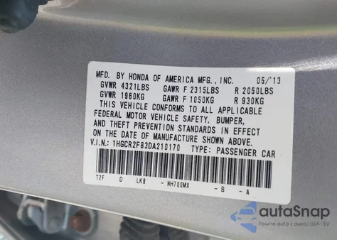 2013 Honda Accord Ex-L from USA, damaged, VIN 1HGCR2F83DA210170